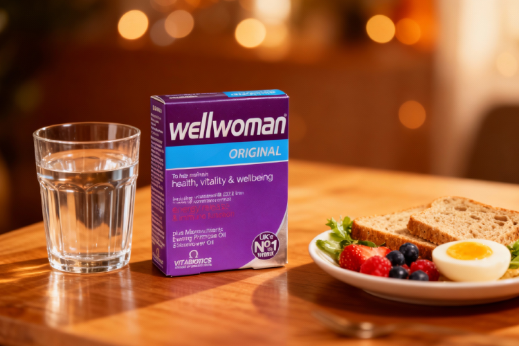 قرص ول وومن اورجینال کنار لیوان آب و صبحانه سالم